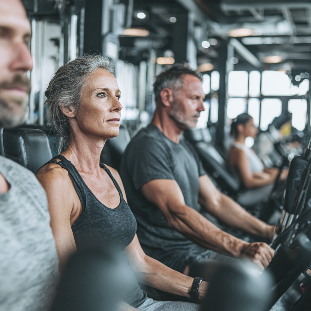 Modern gym equipment with middle-aged fitness enthusiasts working out