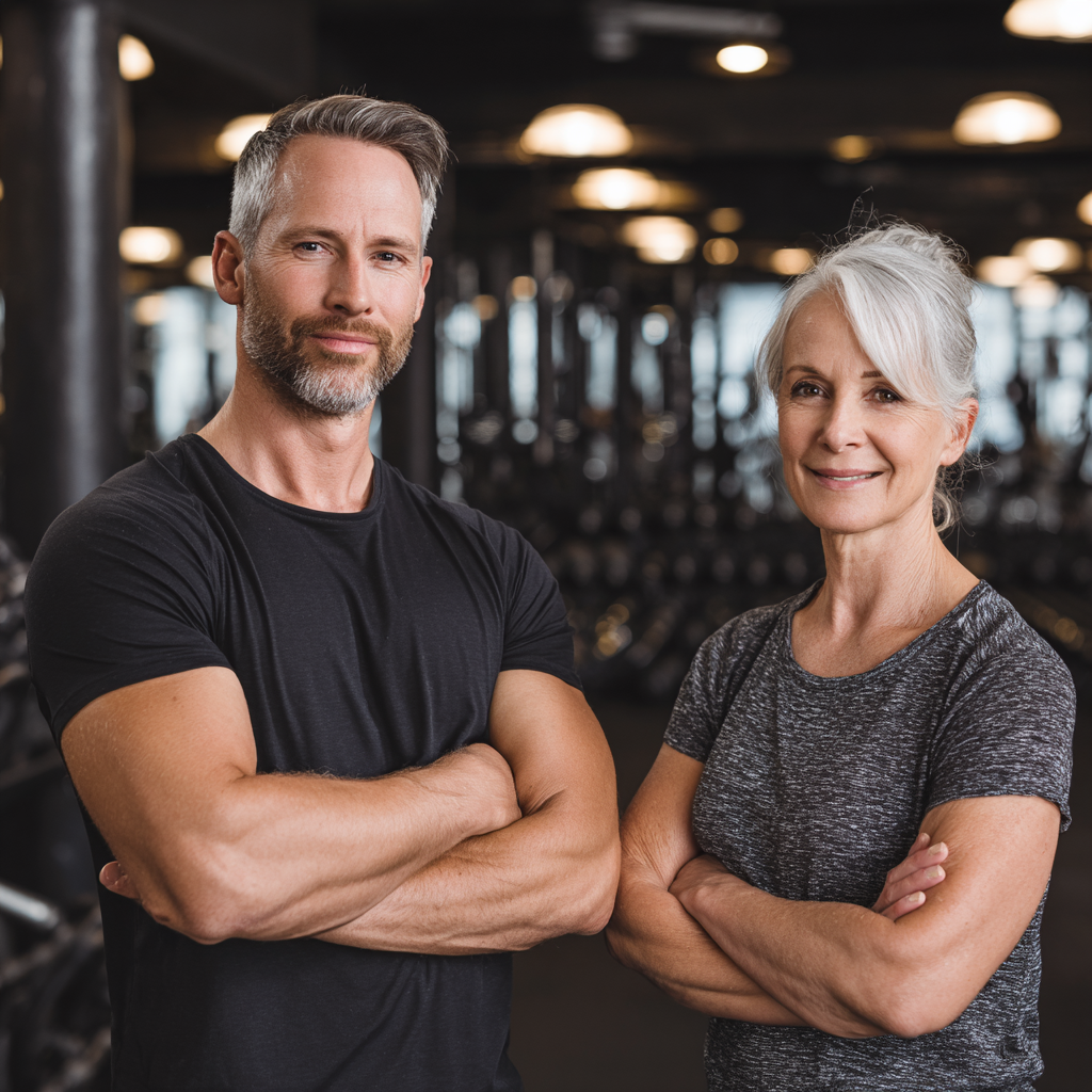 Professional fitness trainer with mature adult in modern gym setting